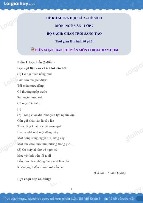 Đề thi học kì 2 Văn 7 Chân trời sáng tạo - Đề số 11